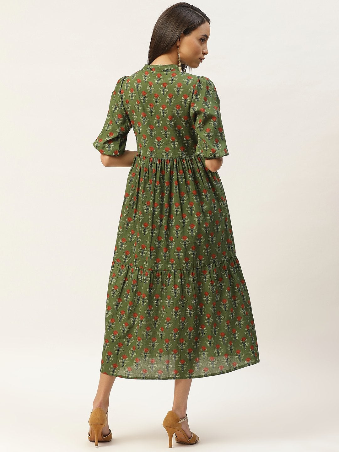 Women's Green Floral Tiered Midi Dress - SASSAFRAS