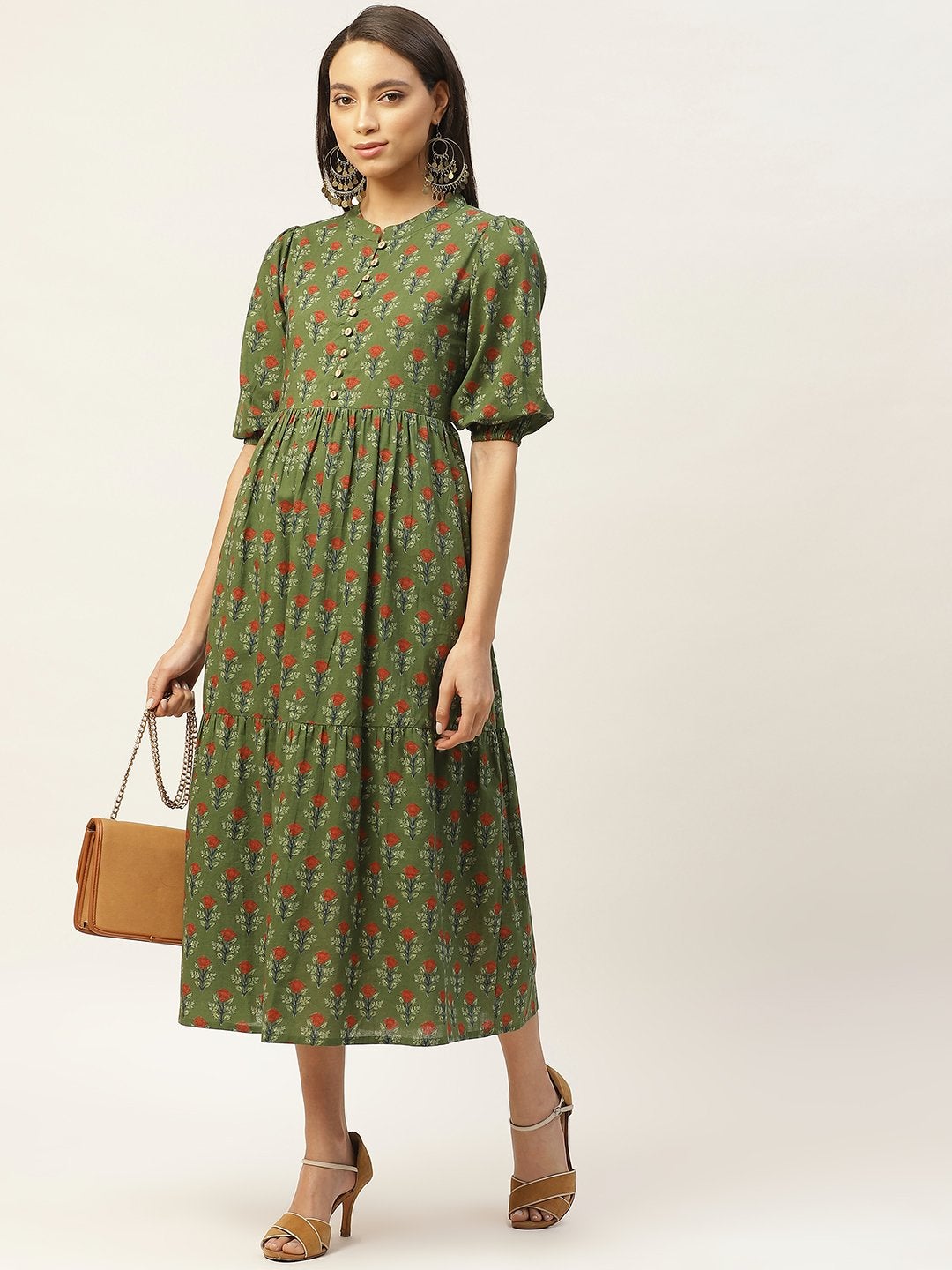 Women's Green Floral Tiered Midi Dress - SASSAFRAS