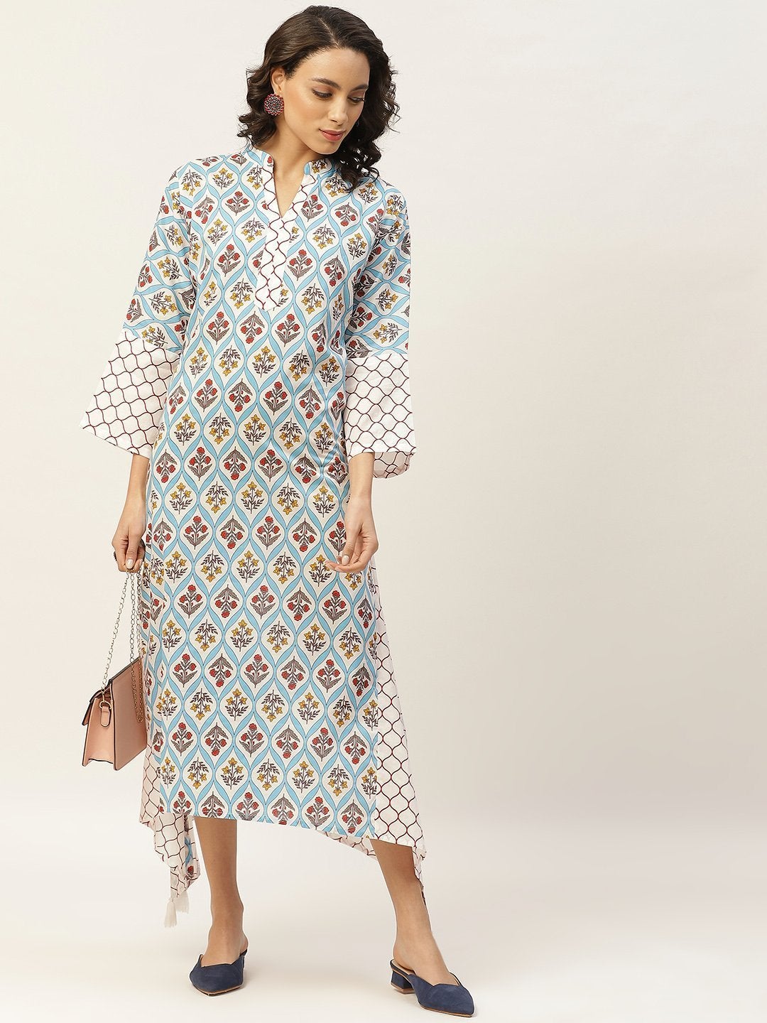 Women's Blue Floral Neck Band Kaftan - SASSAFRAS