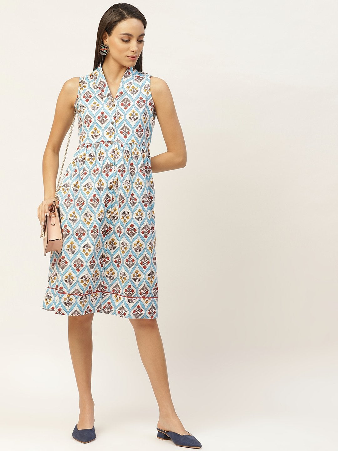 Women's Blue Floral Shawl Collar Front Open Dress - SASSAFRAS