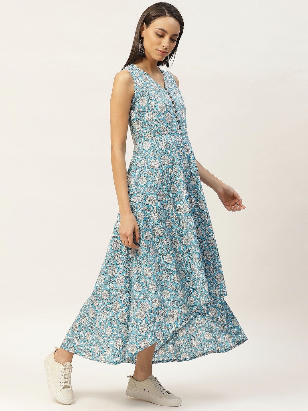 Women's Blue Floral High Low Flared Maxi Dress - SASSAFRAS