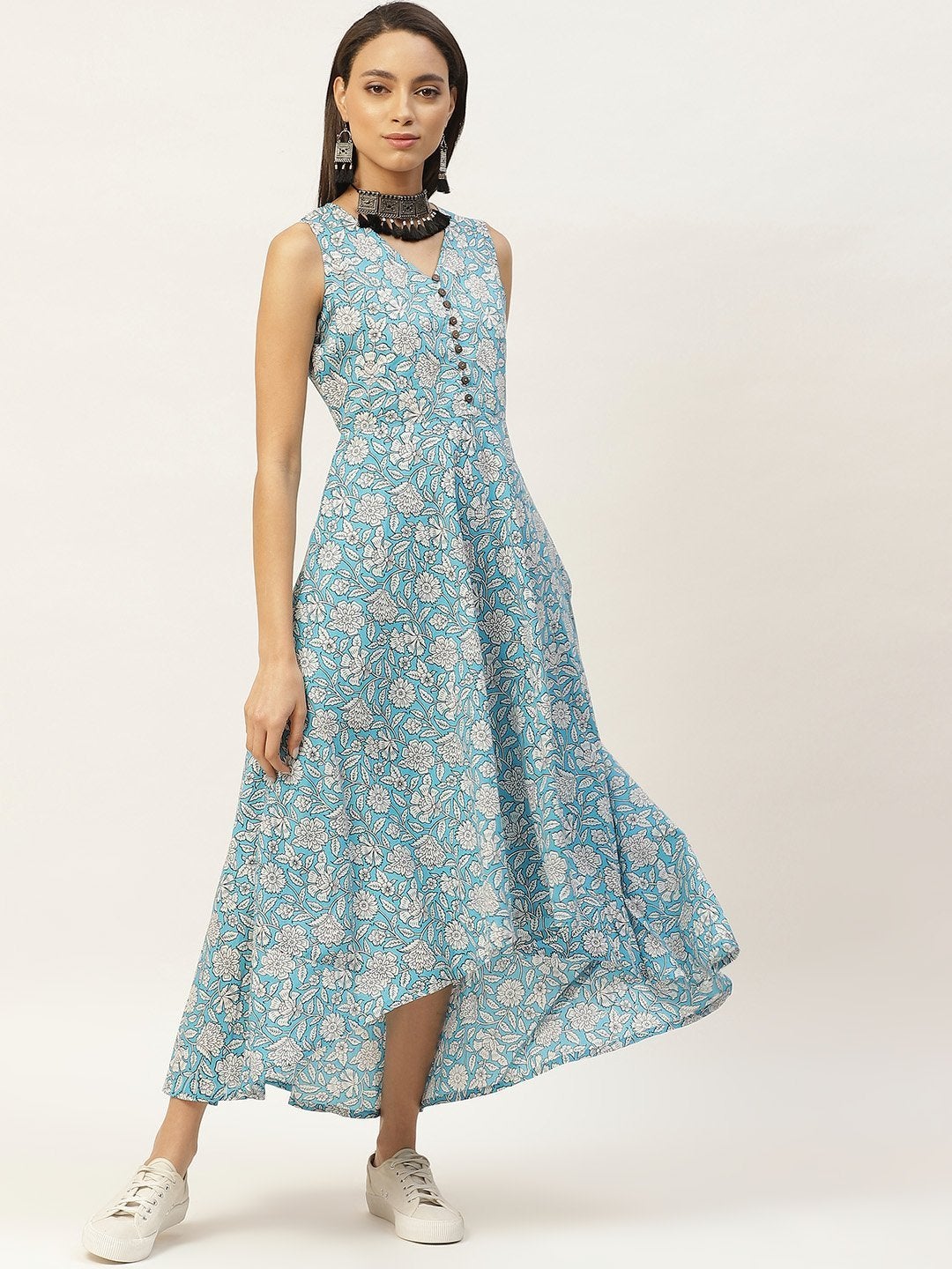 Women's Blue Floral High Low Flared Maxi Dress - SASSAFRAS