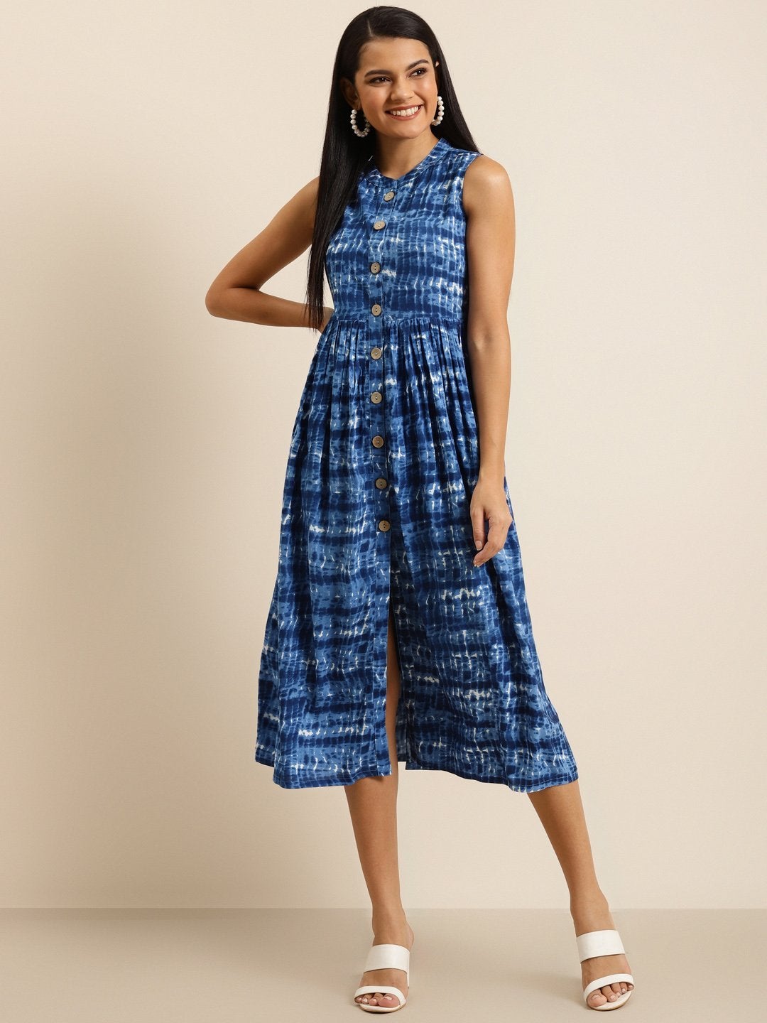 Women's Navy Shibori Print Sleeveless Gathered Dress