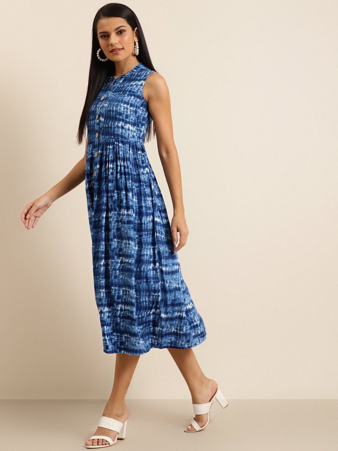 Women's Navy Shibori Print Sleeveless Gathered Dress