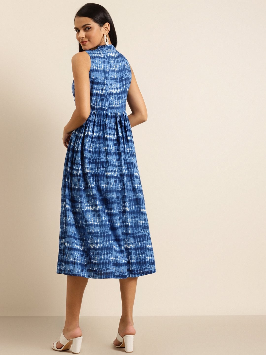 Women's Navy Shibori Print Sleeveless Gathered Dress