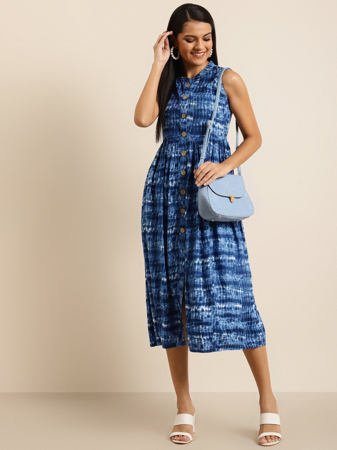 Women's Navy Shibori Print Sleeveless Gathered Dress