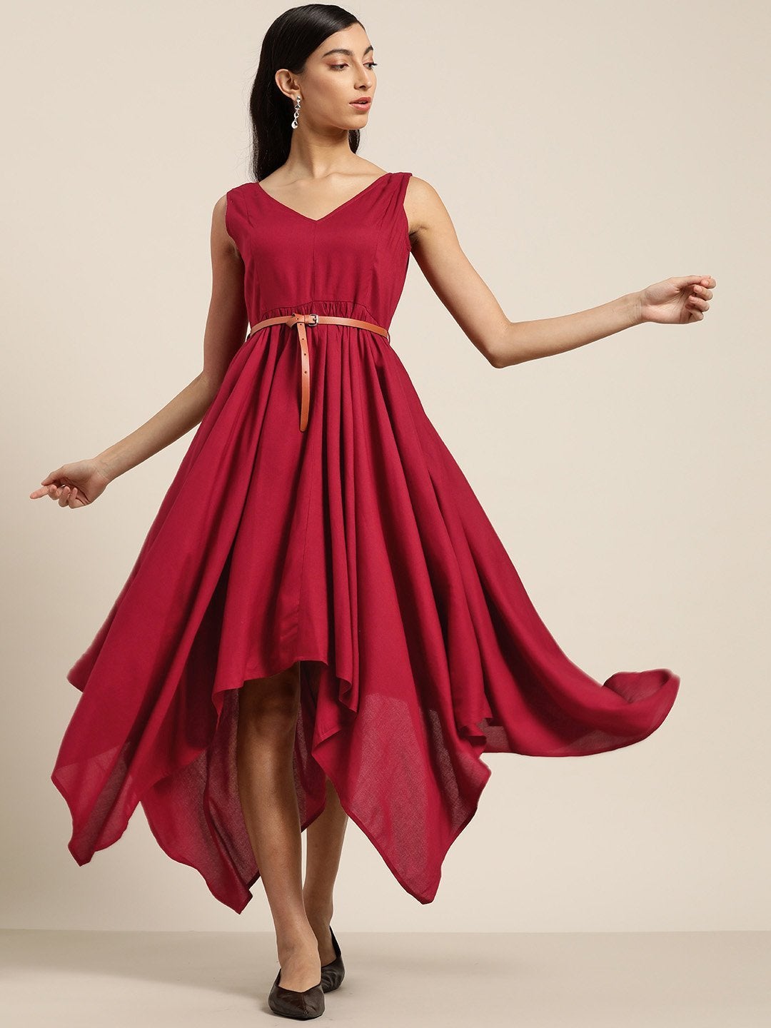 Women's Maroon Asymmetric Belted Dress