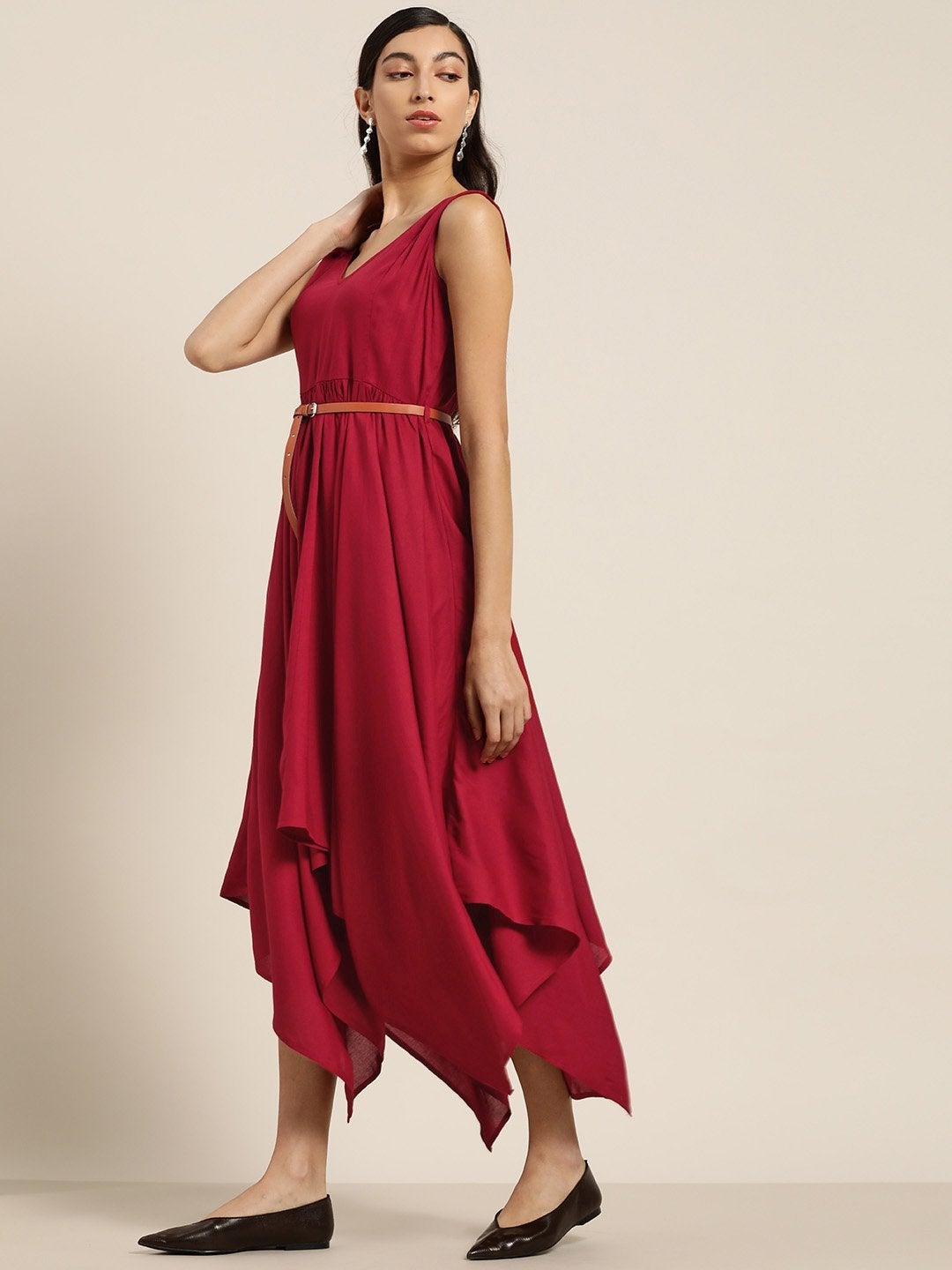 Women's Maroon Asymmetric Belted Dress