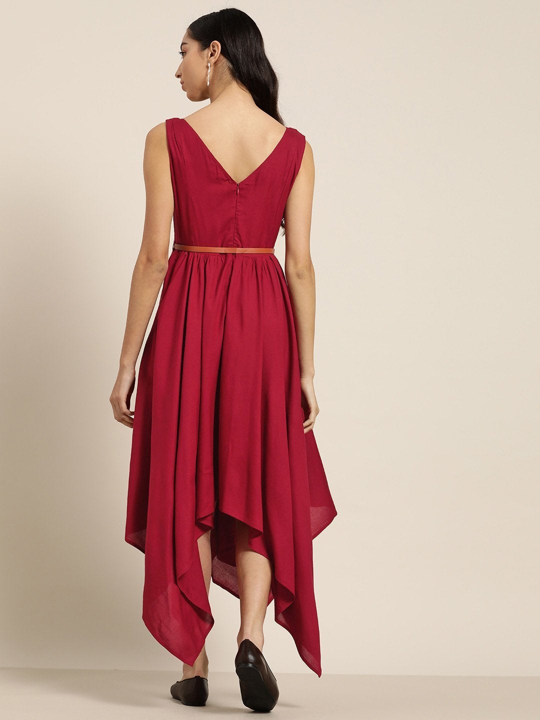 Women's Maroon Asymmetric Belted Dress