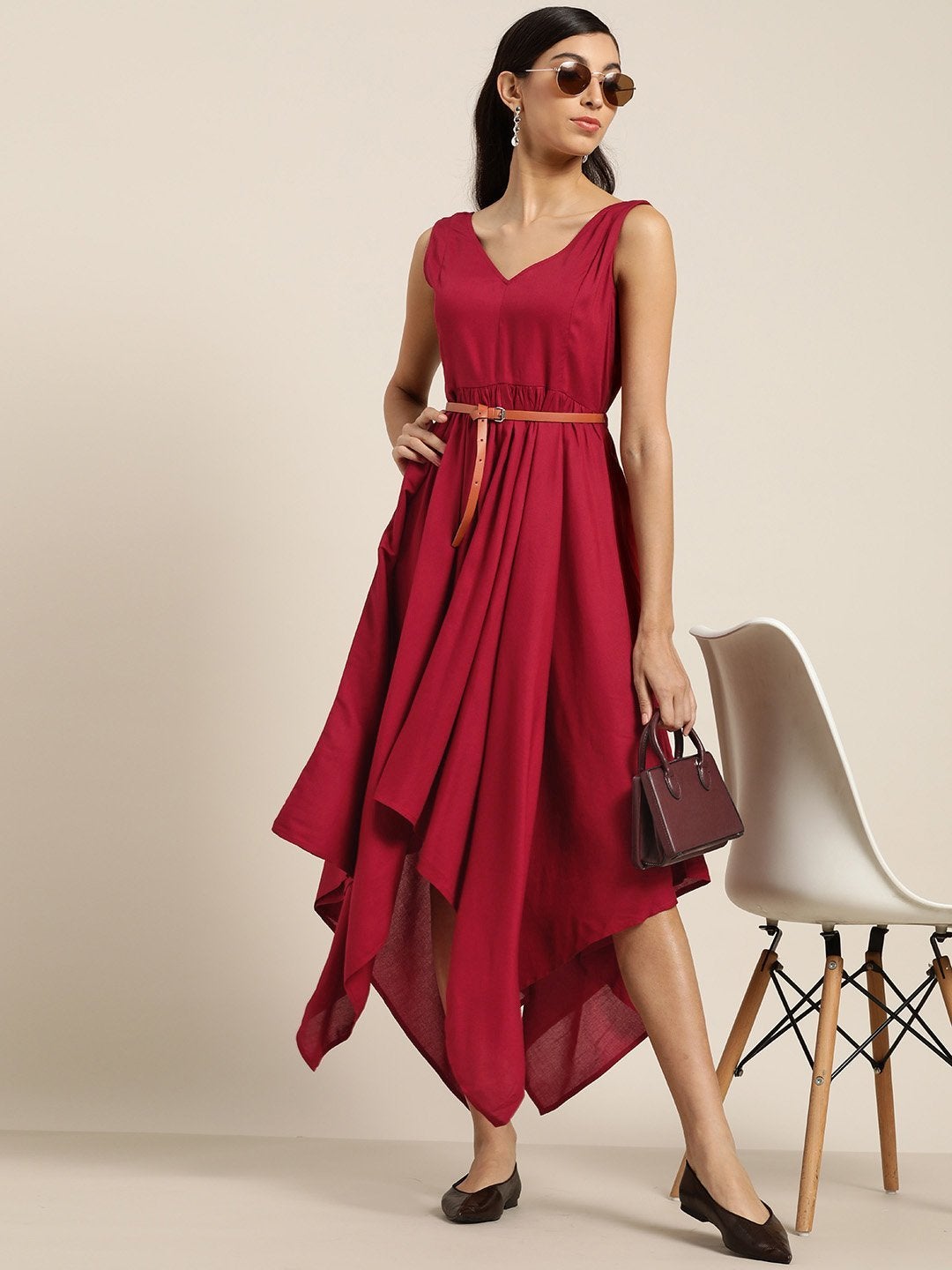 Women's Maroon Asymmetric Belted Dress