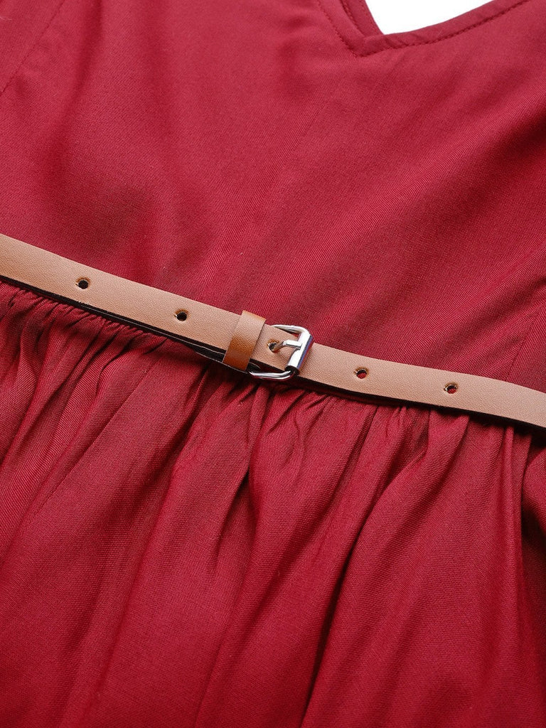 Women's Maroon Asymmetric Belted Dress