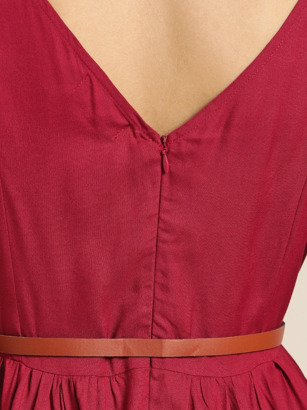 Women's Maroon Asymmetric Belted Dress