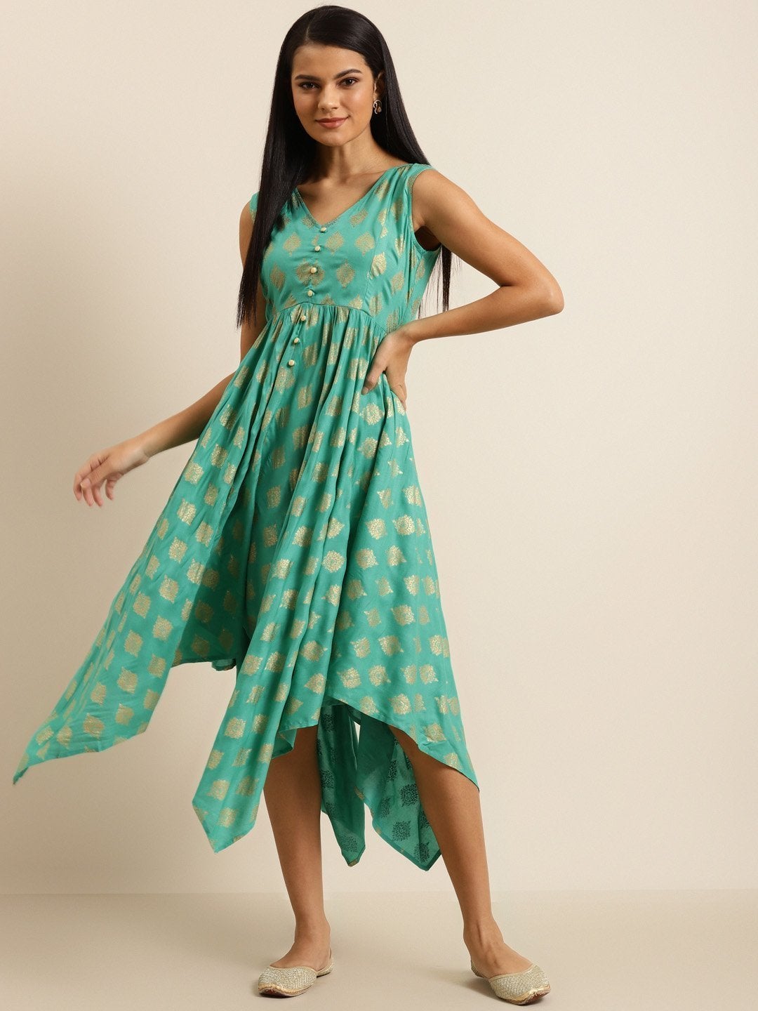 Women's Green Floral Foil Print Asymmetric Dress - SHAE