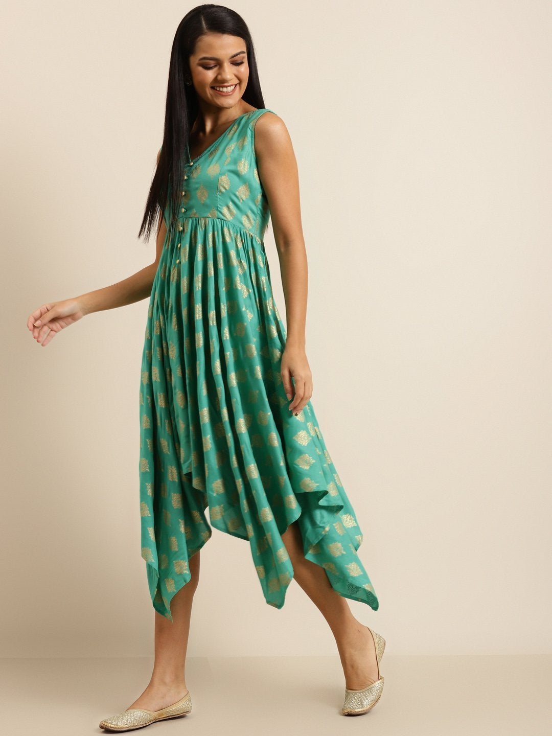 Women's Green Floral Foil Print Asymmetric Dress - SHAE