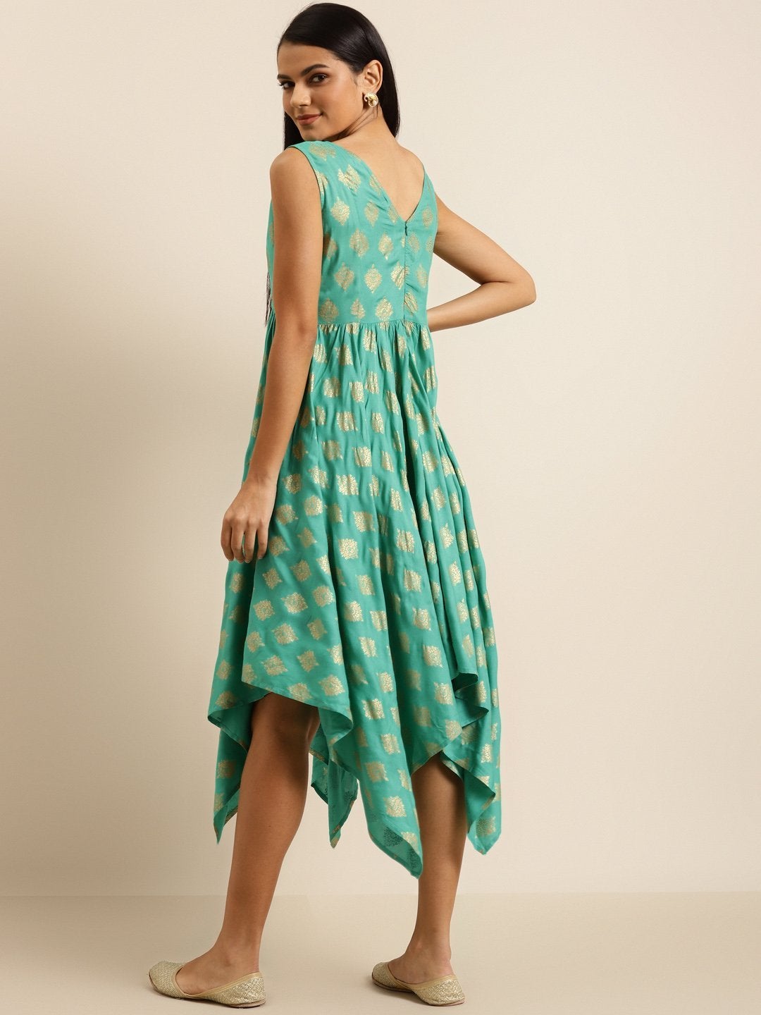 Women's Green Floral Foil Print Asymmetric Dress - SHAE
