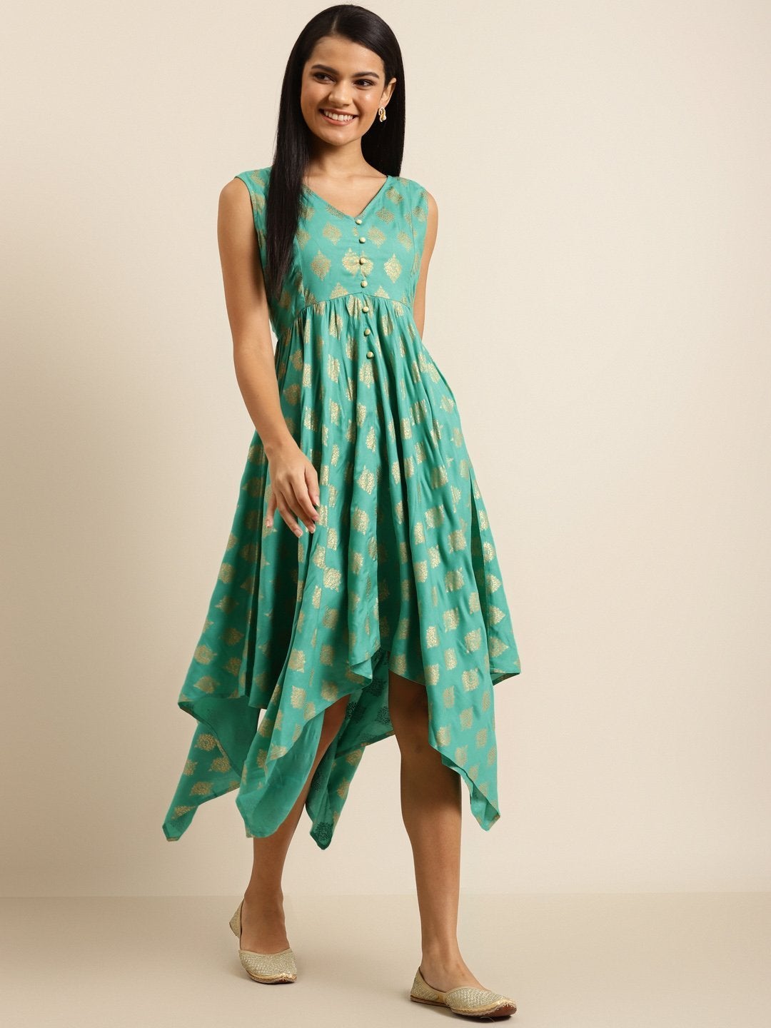Women's Green Floral Foil Print Asymmetric Dress - SHAE