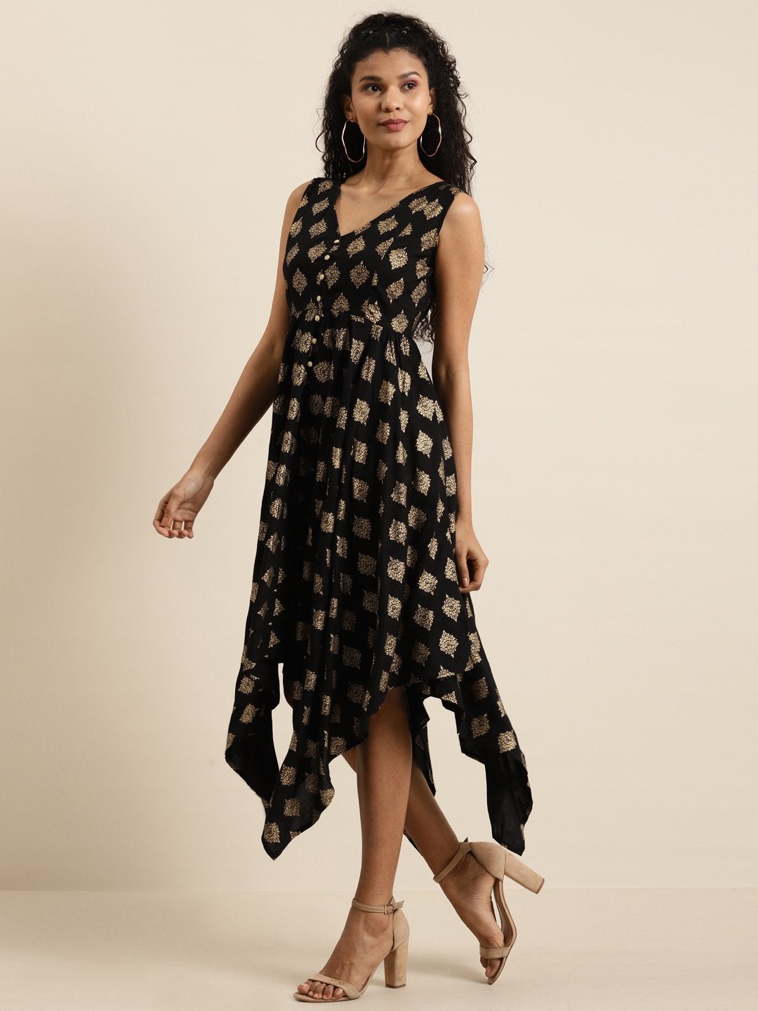 Women's Black Floral Foil Print Asymmetric Dress - SHAE