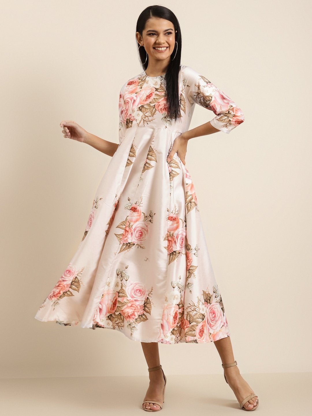 Women's Nude Floral Polysilk Anarkali Maxi