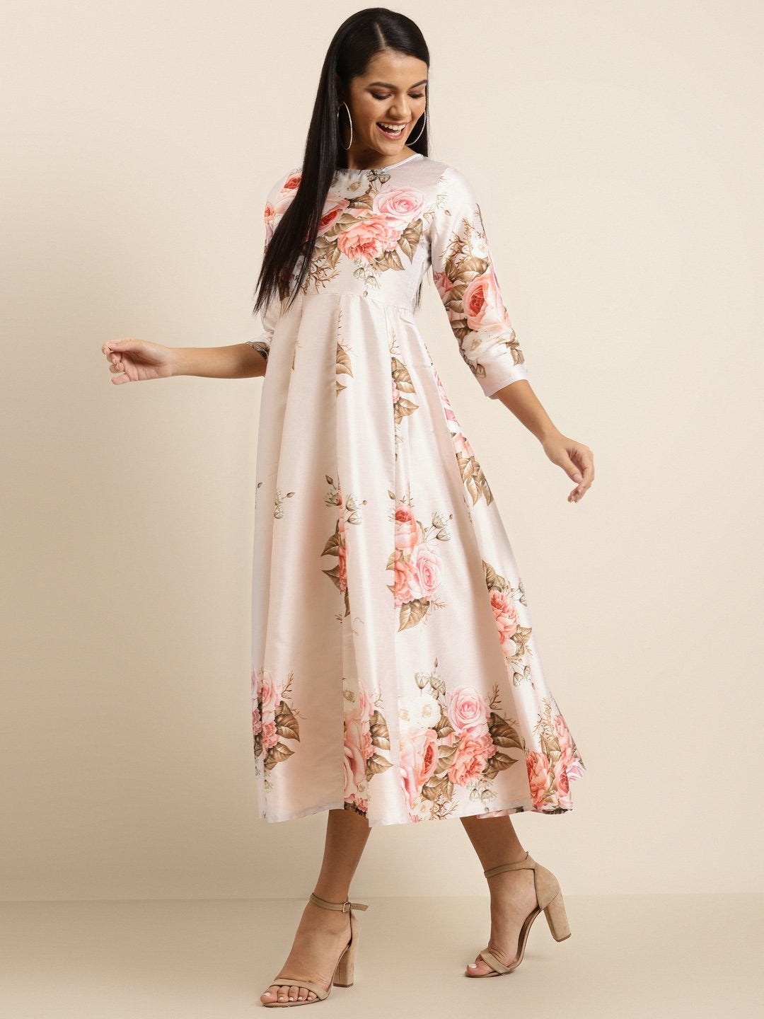 Women's Nude Floral Polysilk Anarkali Maxi