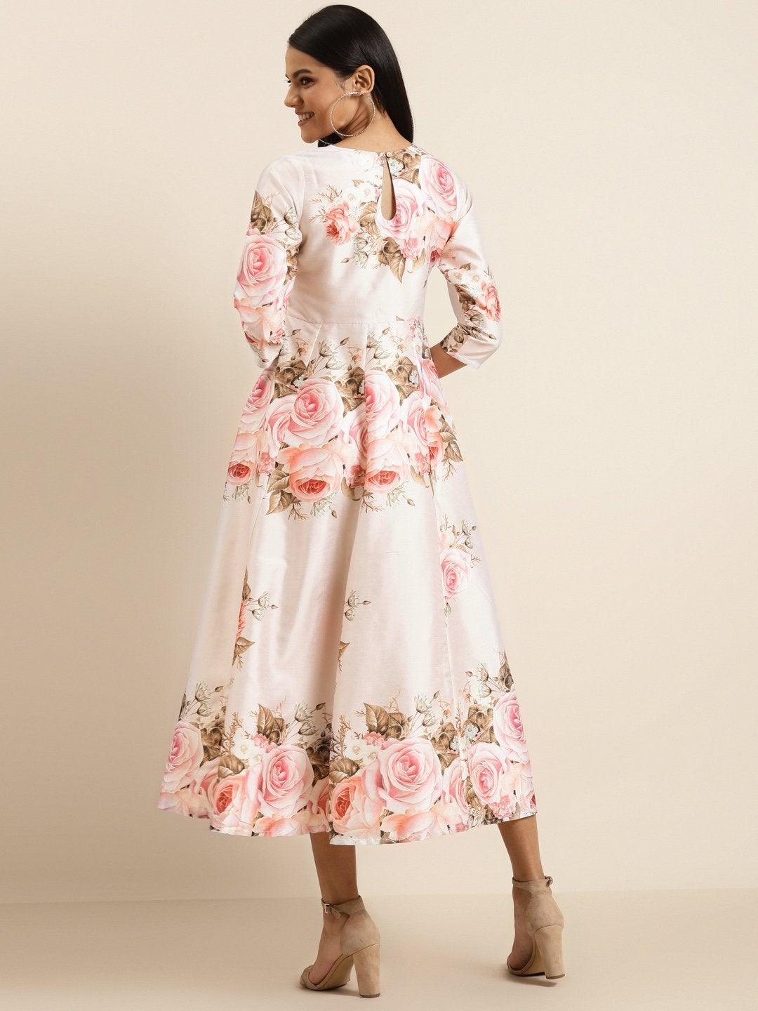 Women's Nude Floral Polysilk Anarkali Maxi