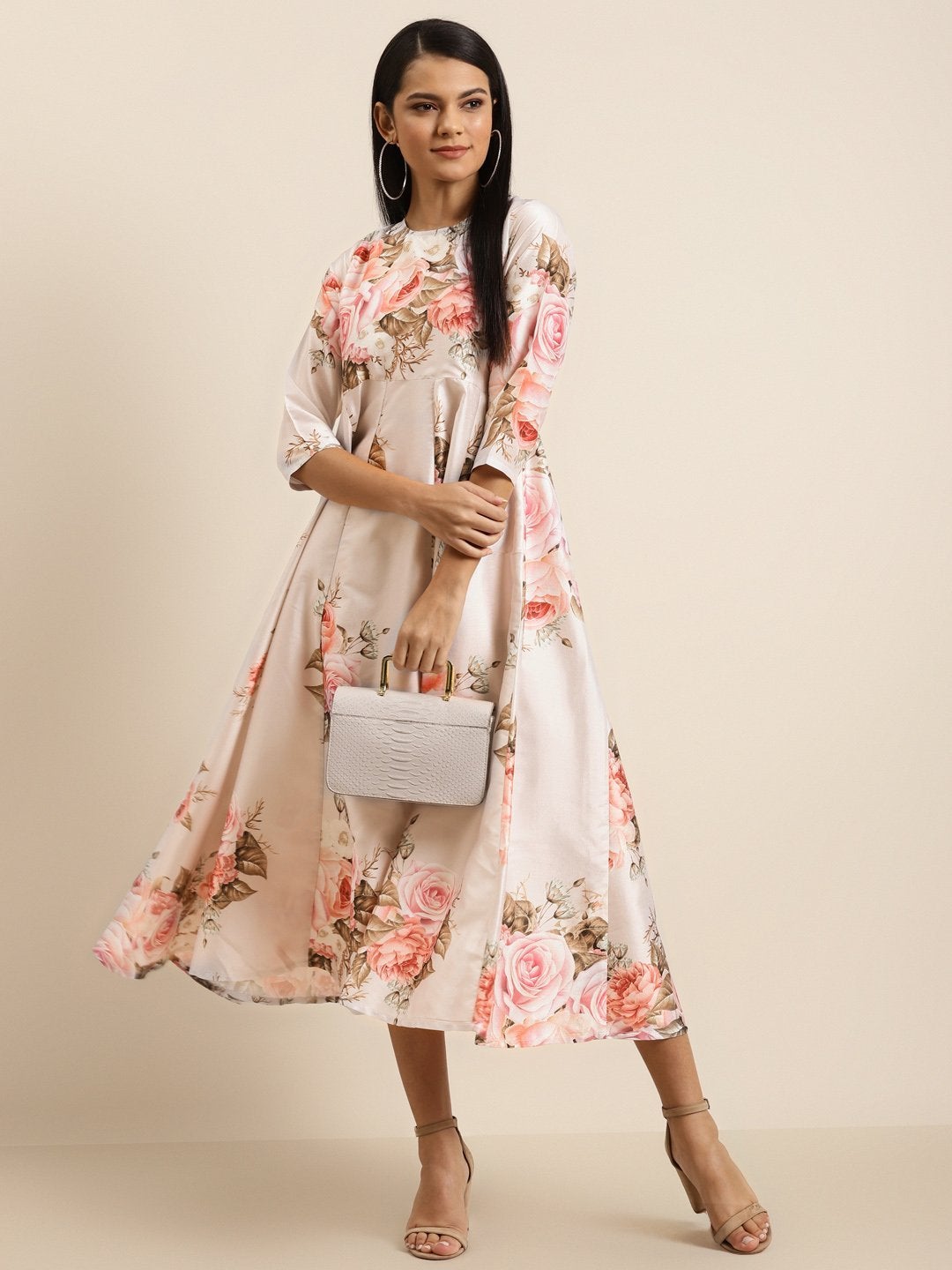Women's Nude Floral Polysilk Anarkali Maxi