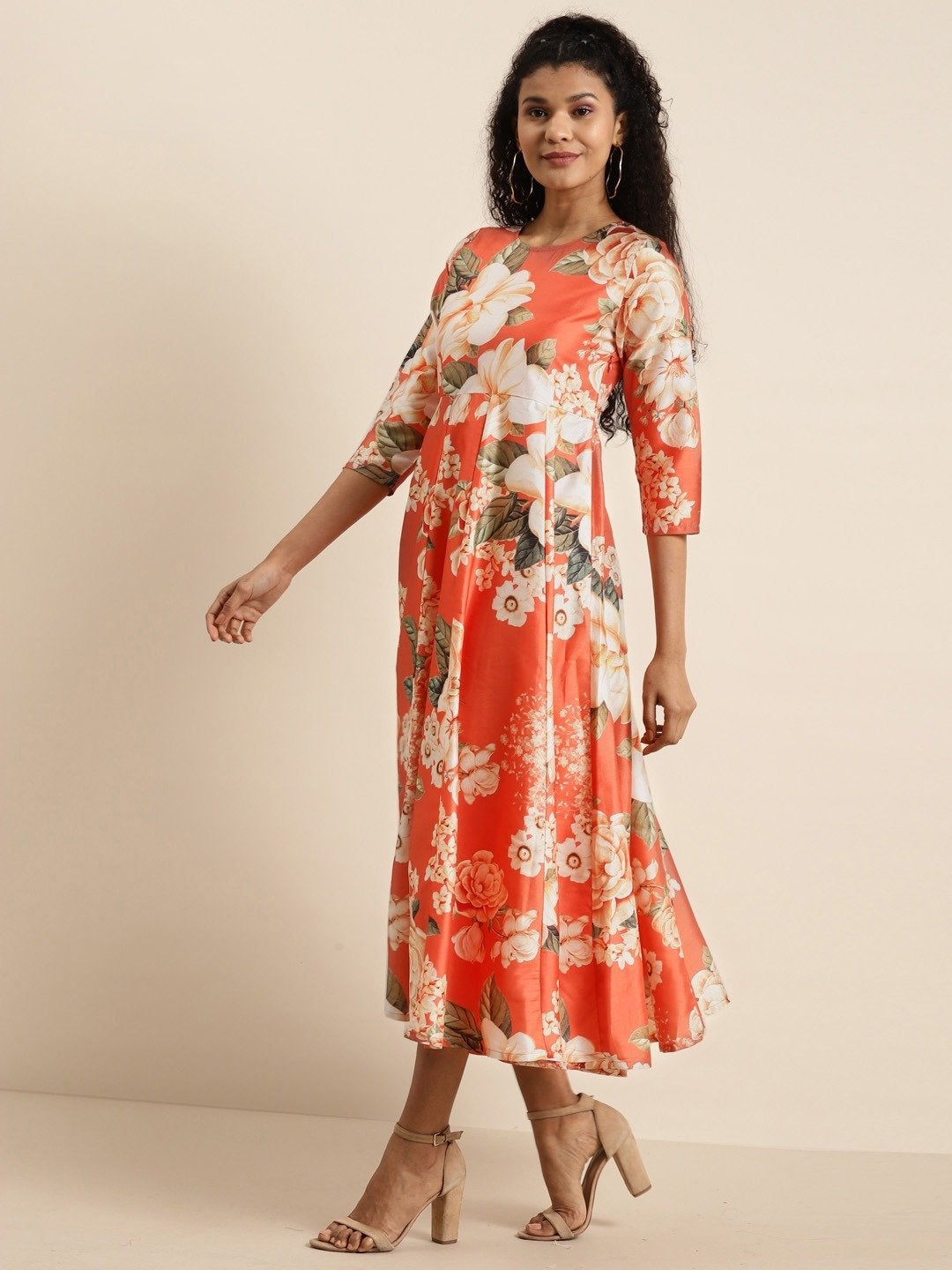 Women's Orange Floral Polysilk Anarkali Maxi - SHAE