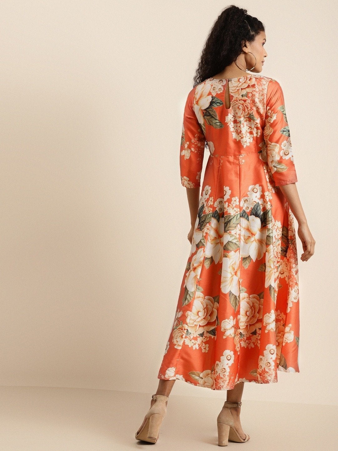 Women's Orange Floral Polysilk Anarkali Maxi - SHAE