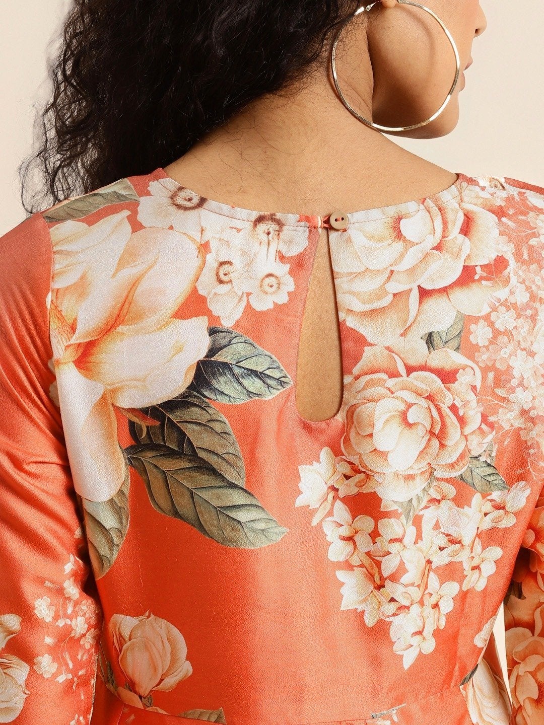 Women's Orange Floral Polysilk Anarkali Maxi - SHAE