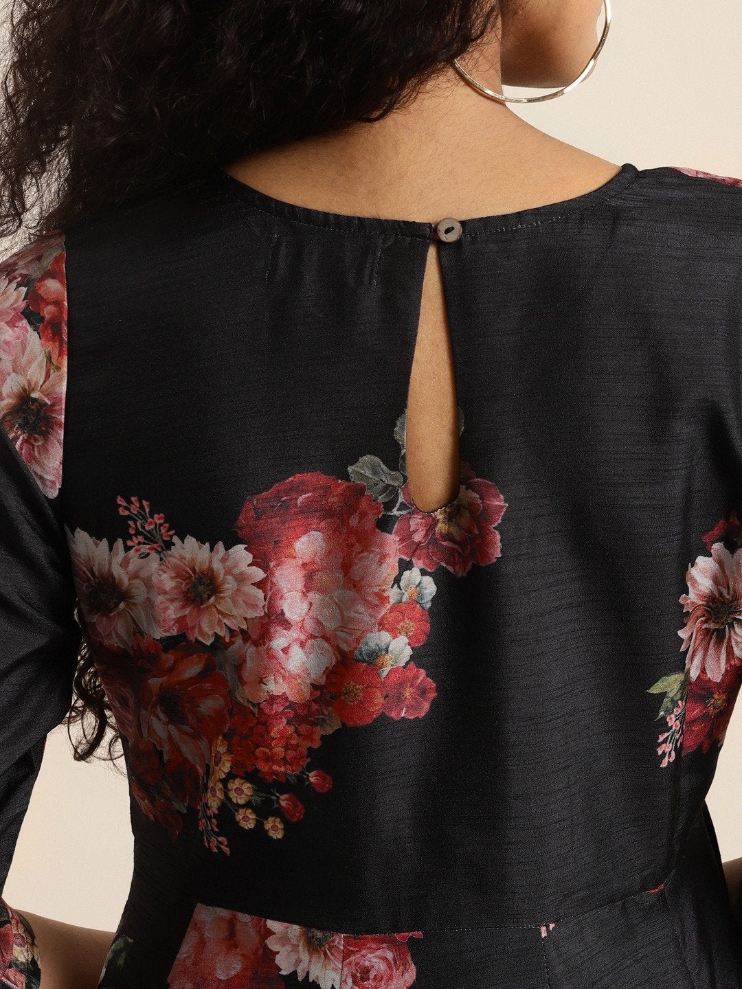 Women's Black Floral Polysilk Anarkali Maxi - SHAE