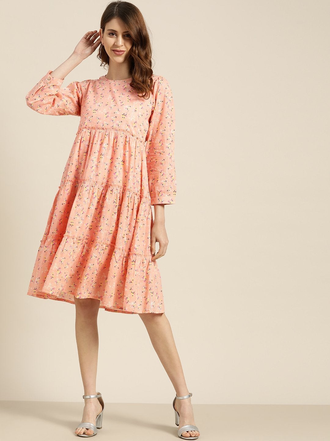 Women's Peach Floral Tiered Midi Dress