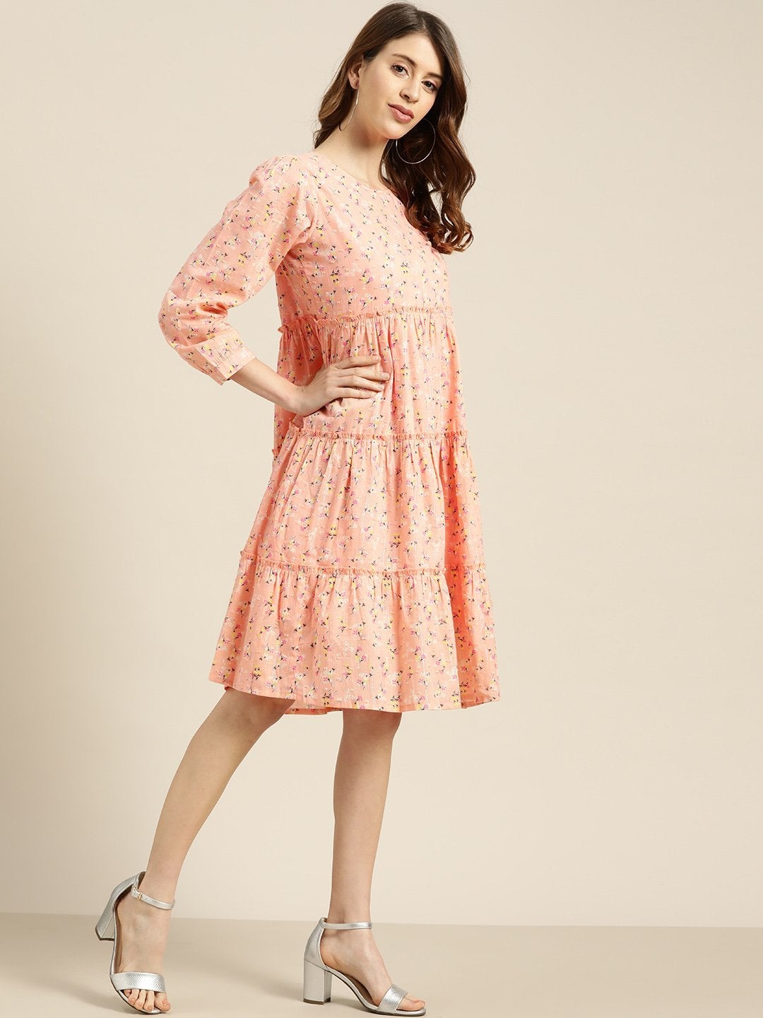 Women's Peach Floral Tiered Midi Dress