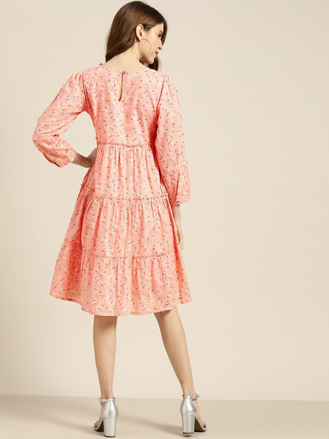 Women's Peach Floral Tiered Midi Dress