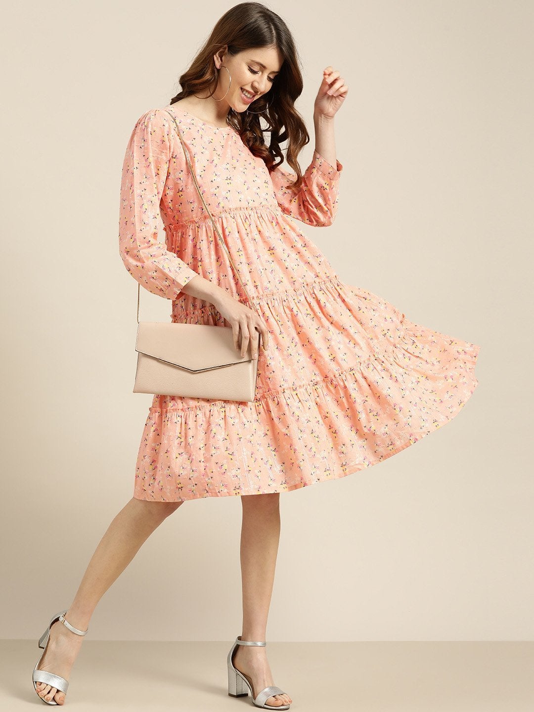 Women's Peach Floral Tiered Midi Dress