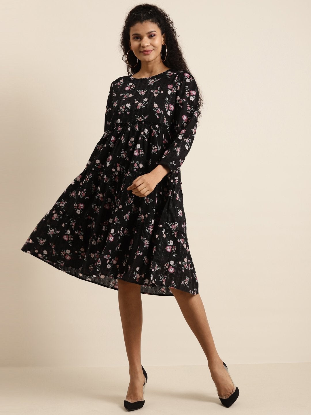 Women's Black Floral Tiered Midi  Dress - SHAE