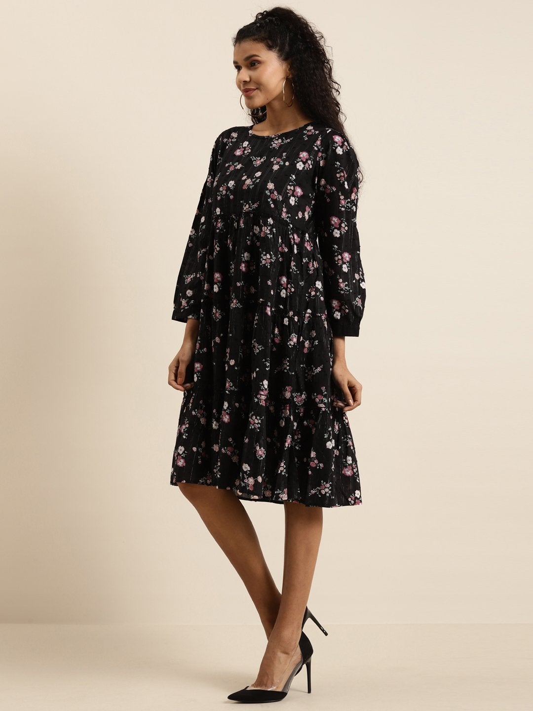 Women's Black Floral Tiered Midi  Dress - SHAE
