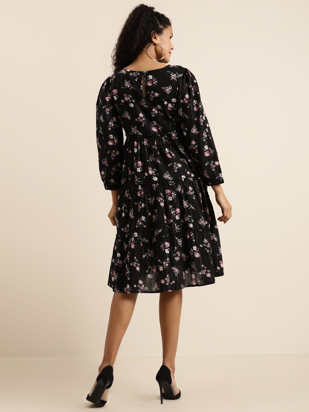 Women's Black Floral Tiered Midi  Dress - SHAE
