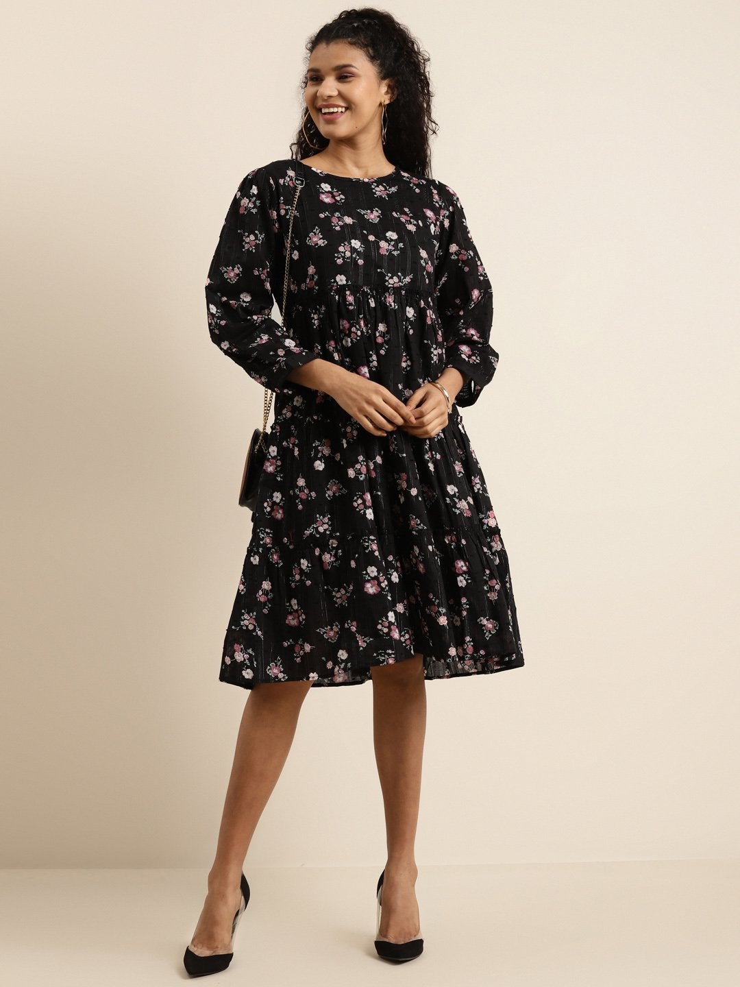 Women's Black Floral Tiered Midi  Dress - SHAE