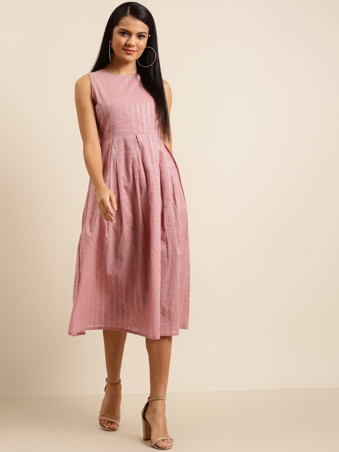 Women's Pink Sleeveless Box Pleated Dress - SHAE