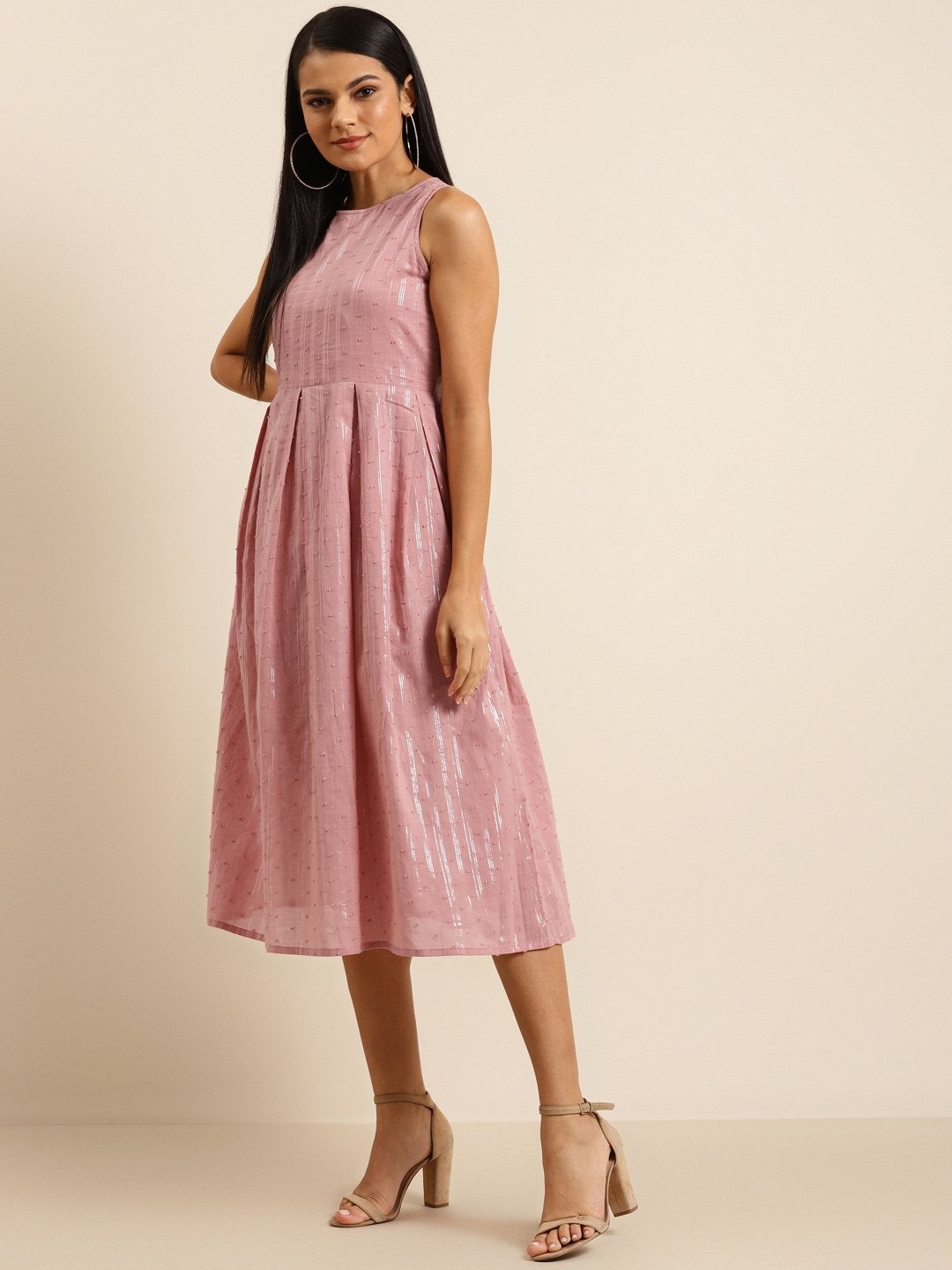 Women's Pink Sleeveless Box Pleated Dress - SHAE