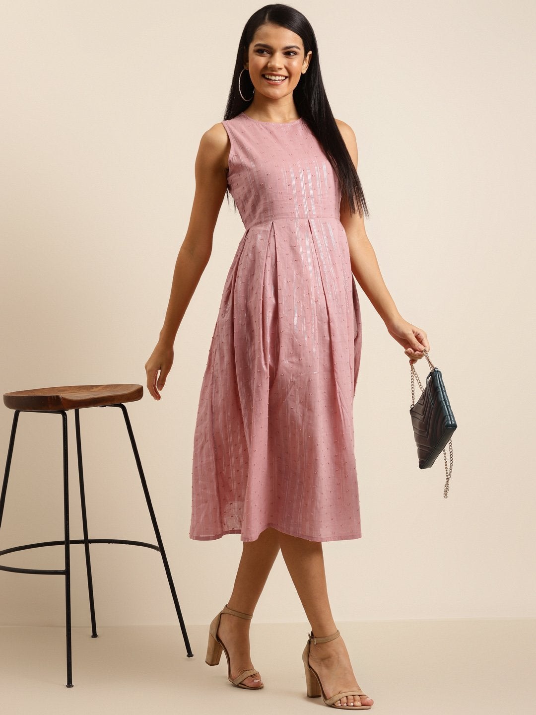 Women's Pink Sleeveless Box Pleated Dress - SHAE