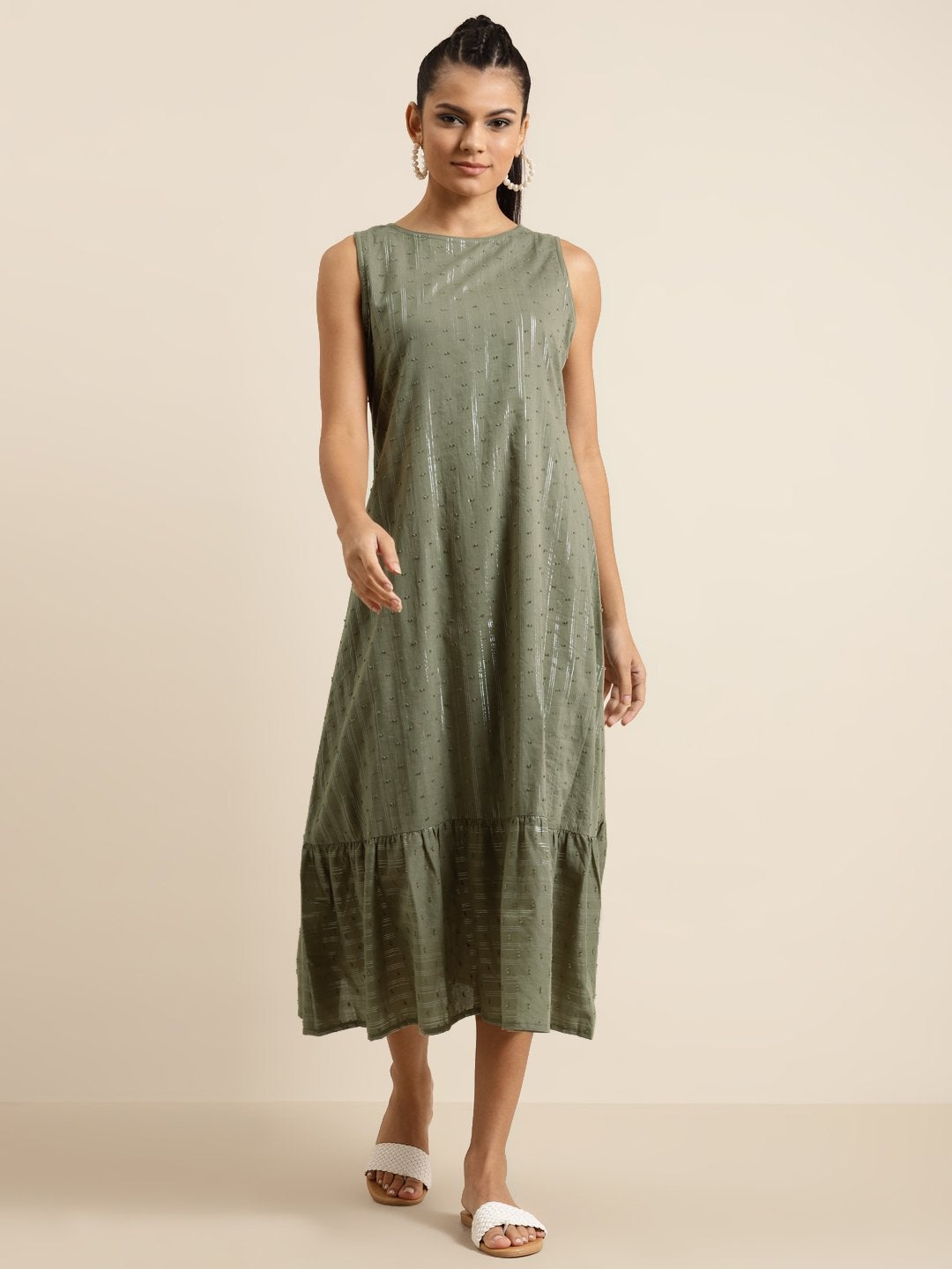 Women's Olive Tiered Hem Sleeveless Dress - SHAE