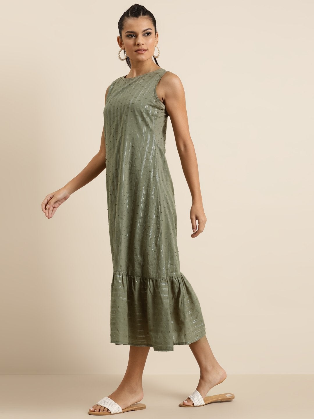Women's Olive Tiered Hem Sleeveless Dress - SHAE