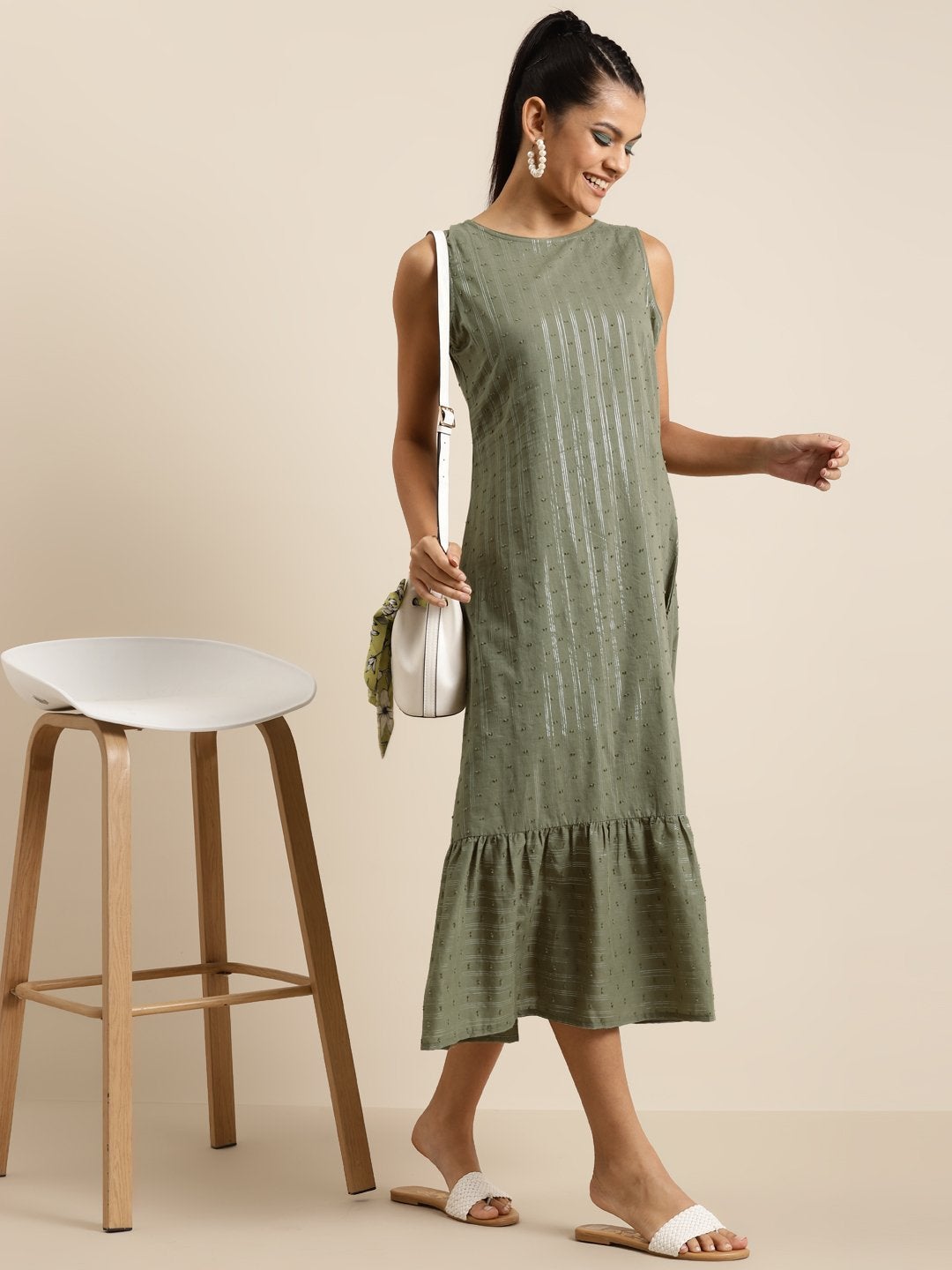 Women's Olive Tiered Hem Sleeveless Dress - SHAE