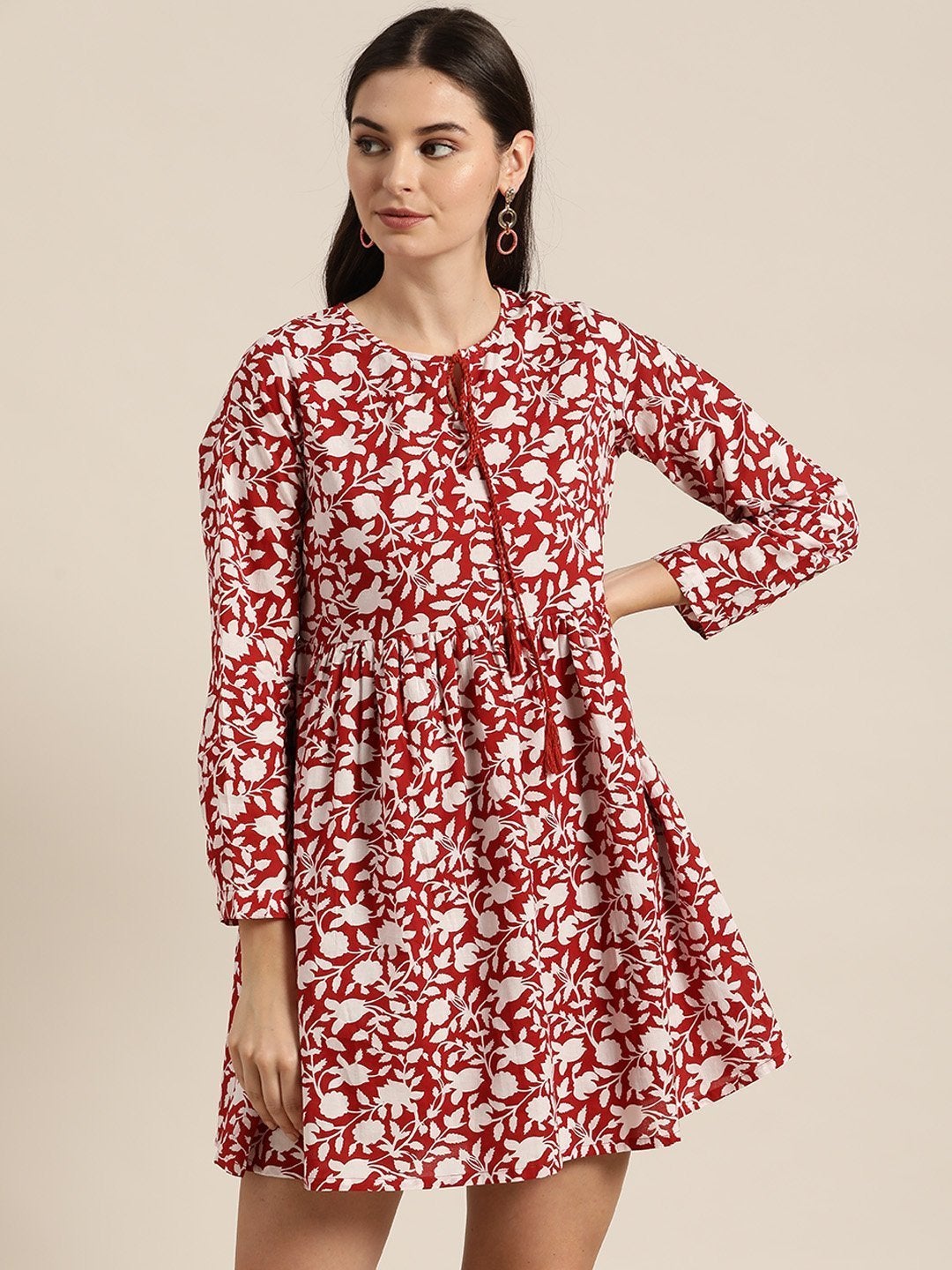 Women's Red Floral Gathered Short Dress - SHAE