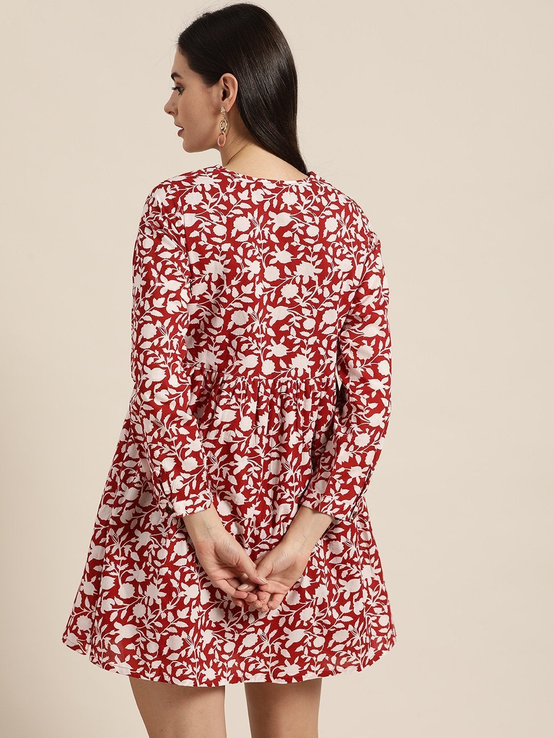 Women's Red Floral Gathered Short Dress - SHAE