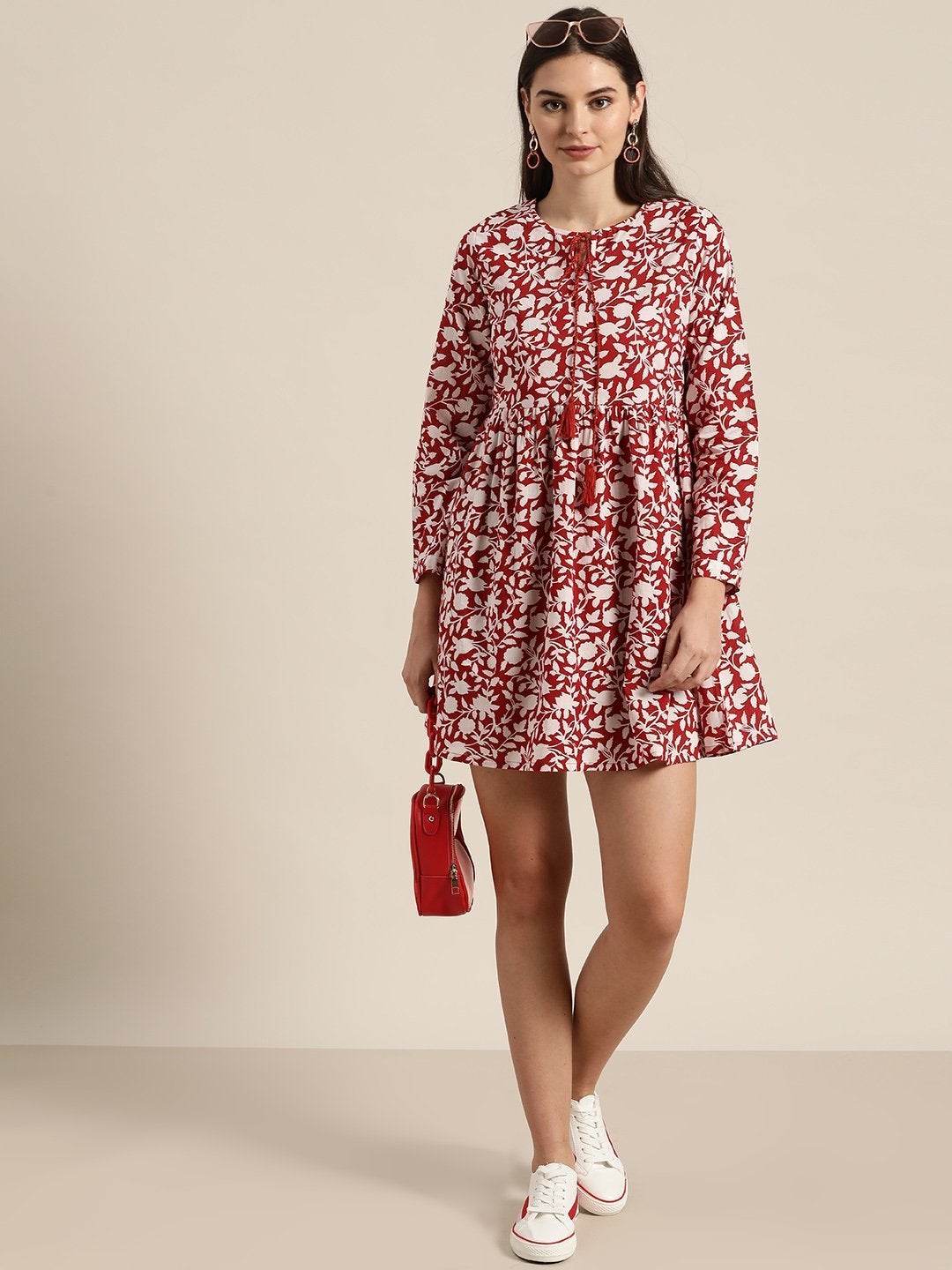 Women's Red Floral Gathered Short Dress - SHAE