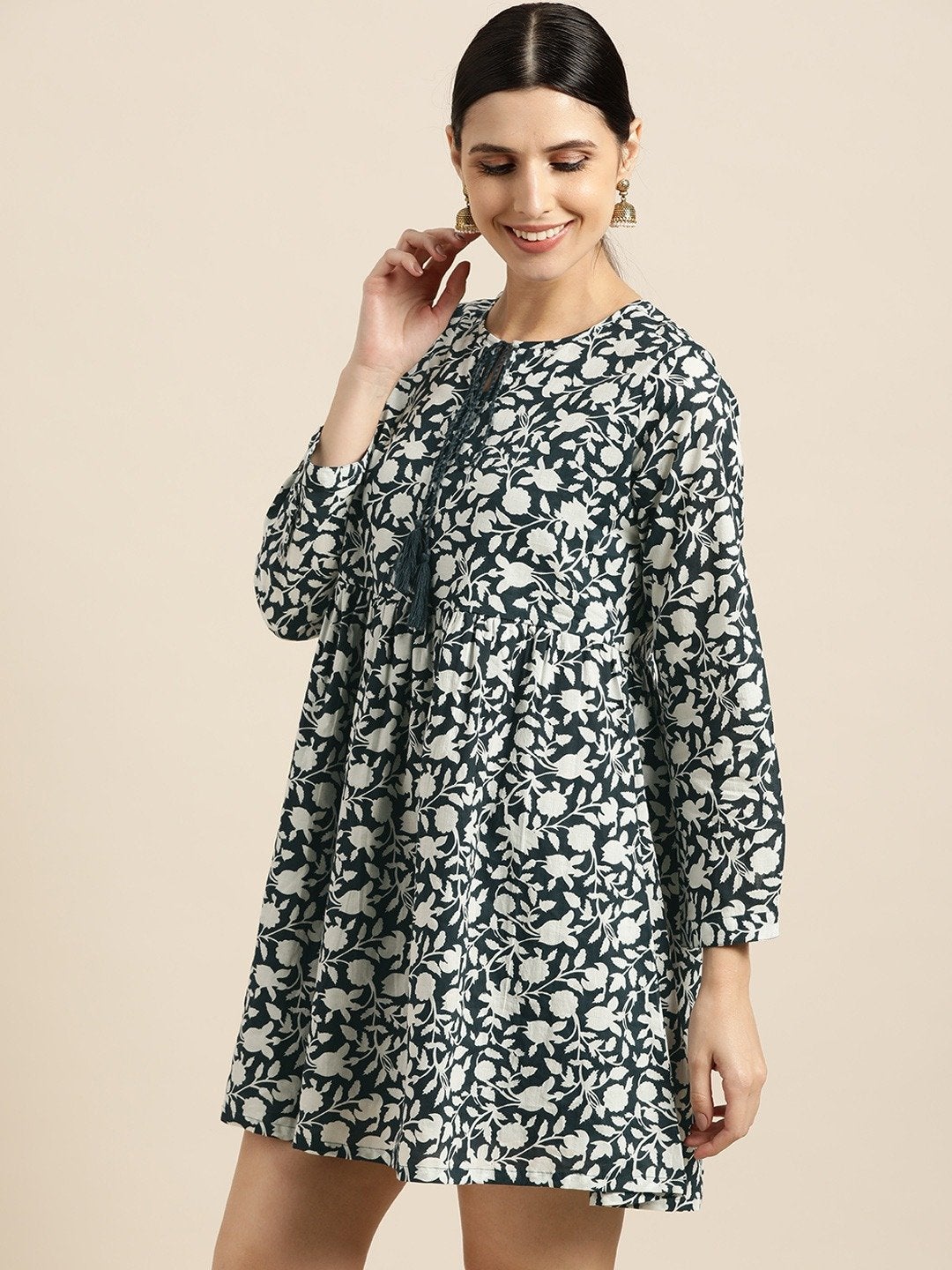 Women's Navy Floral Gathered Short Dress - SHAE