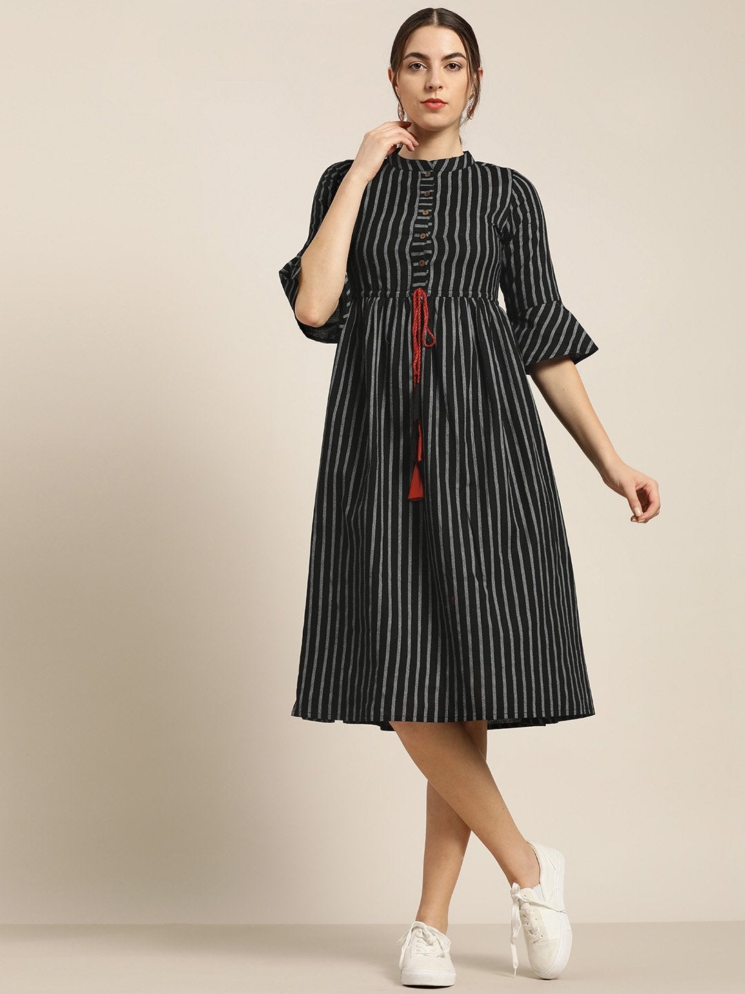 Women's Black Stripes Drawstring Dress
