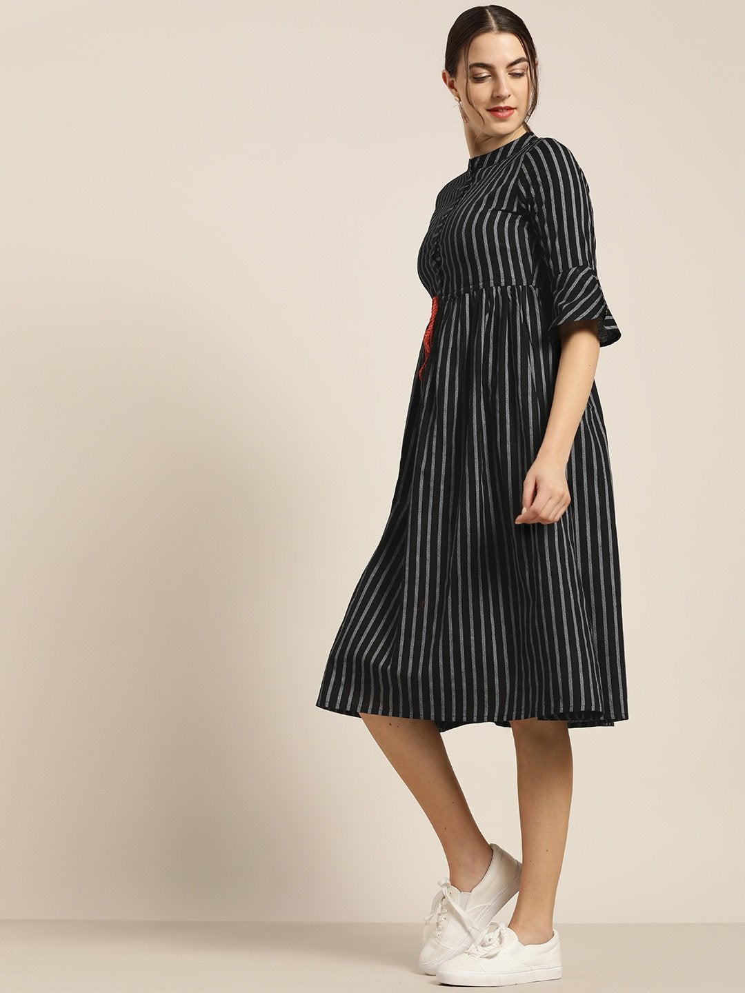Women's Black Stripes Drawstring Dress