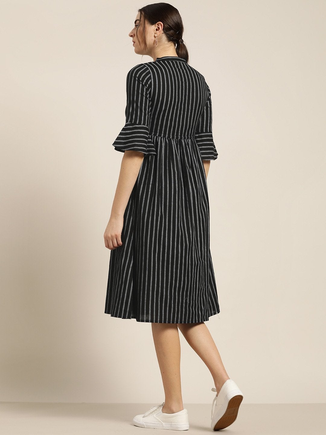 Women's Black Stripes Drawstring Dress